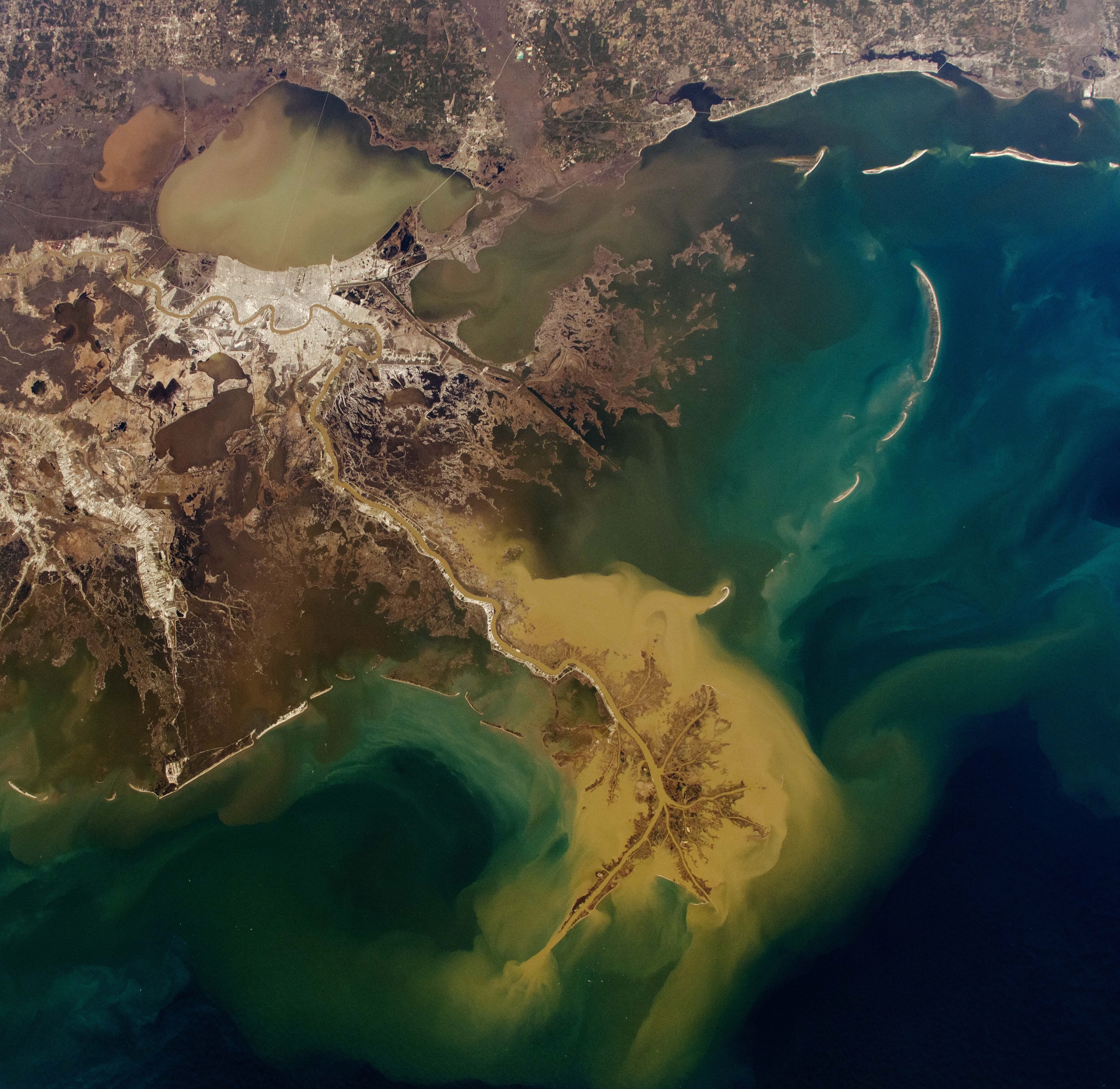 NASA ISS photograph of the Mississippi River delta and Louisiana wetlands